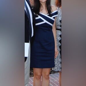 Navy Off-the-Shoulder Midi Dress with White Trim